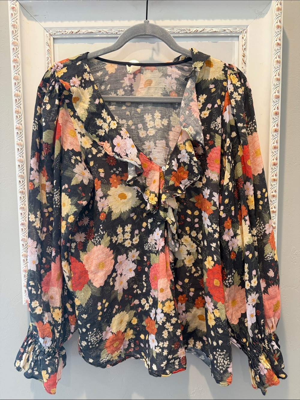Spell Black Floral Ruffle V-Neck Blouse with Multicolor Flowers